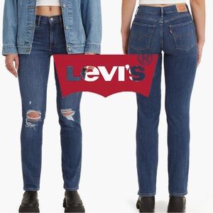 Levi's Blue Straight Leg Jeans with Distressed Details